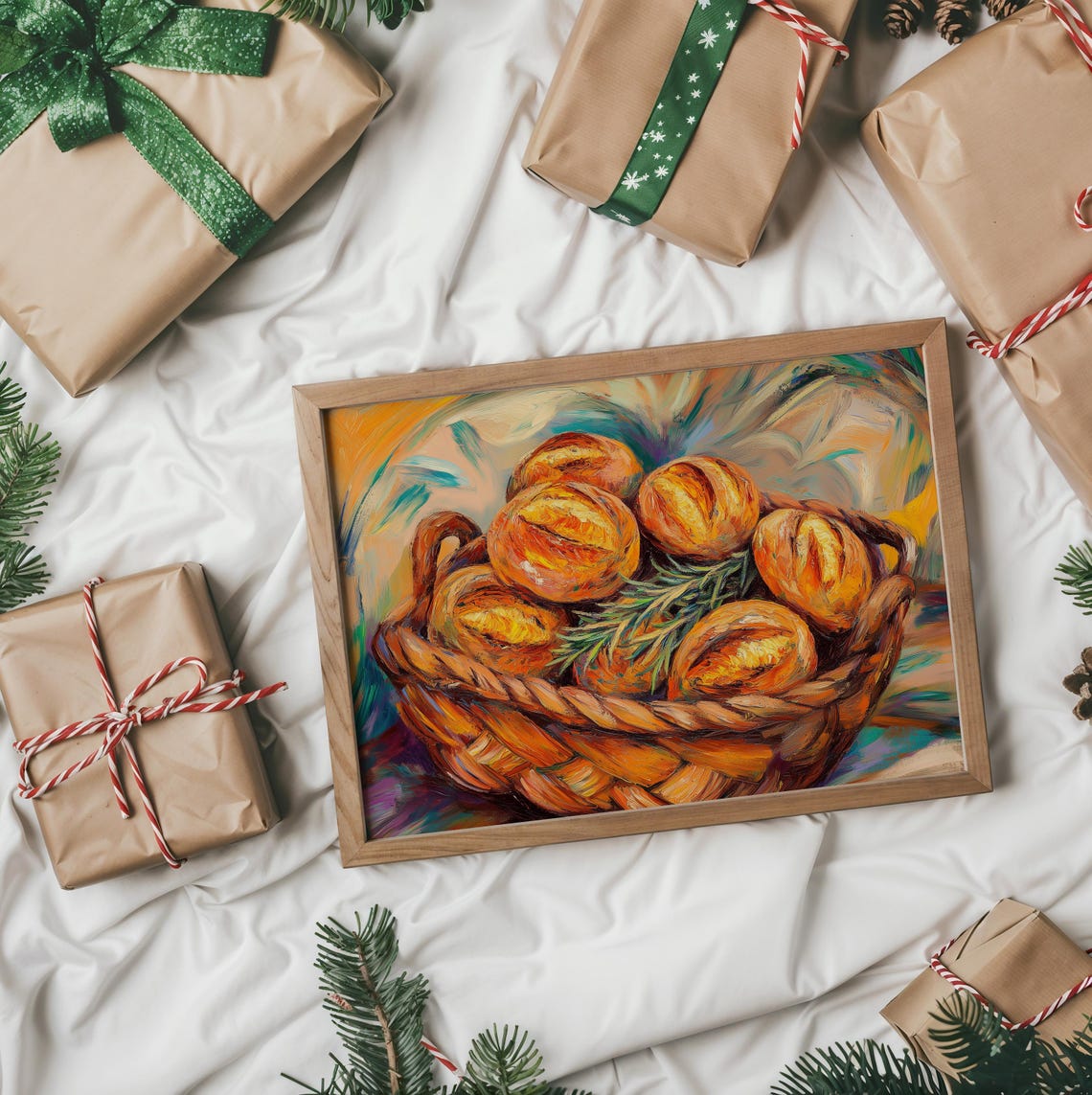 Braided Bread Loaves In Basket Colorful Kitchen Still Life Poster - Image 2