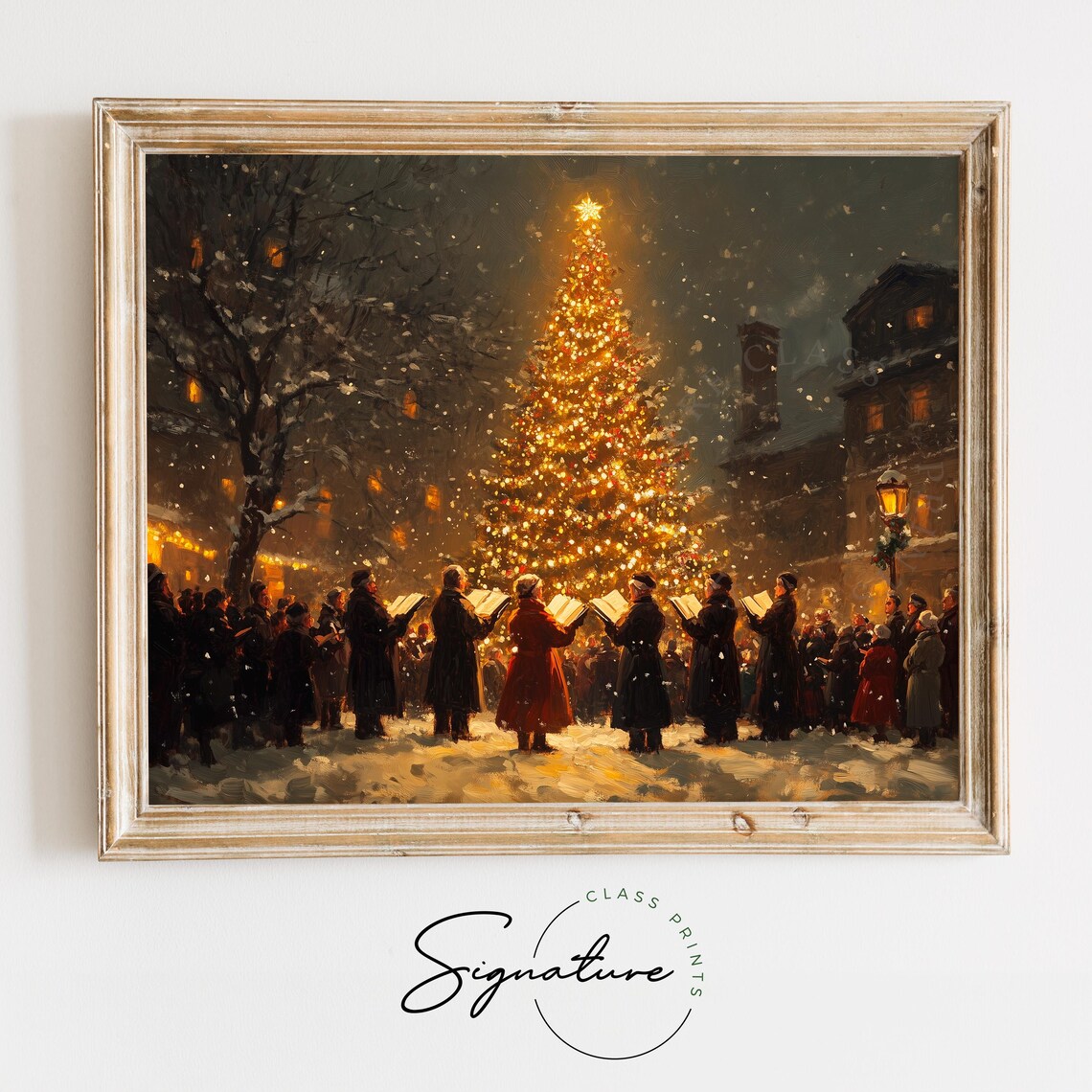 Christmas Carolers Singing Before A Giant Lit Tree At Night Poster