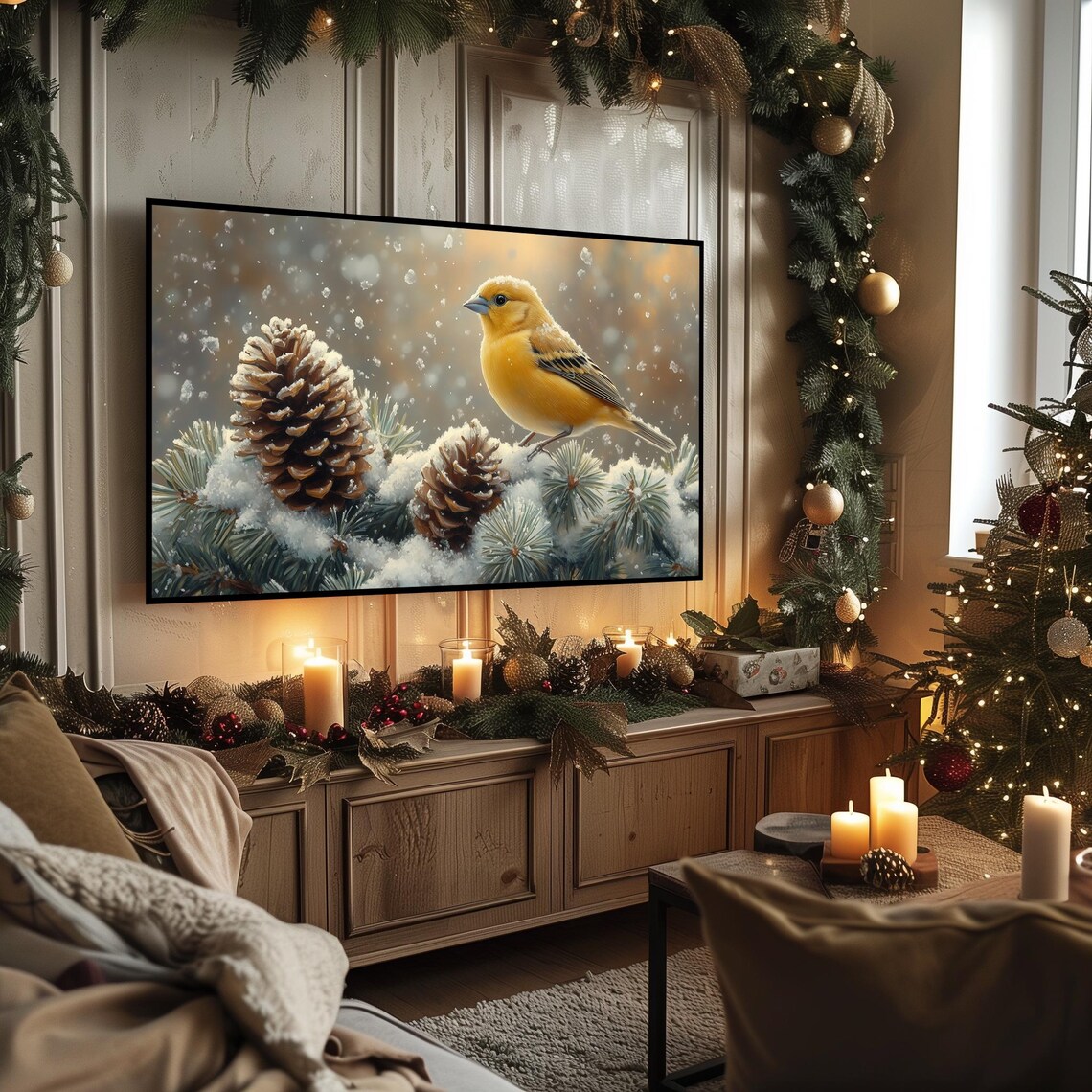 Golden Goldfinch Among Snow Covered Pinecones Winter Bird Art Poster - Image 3