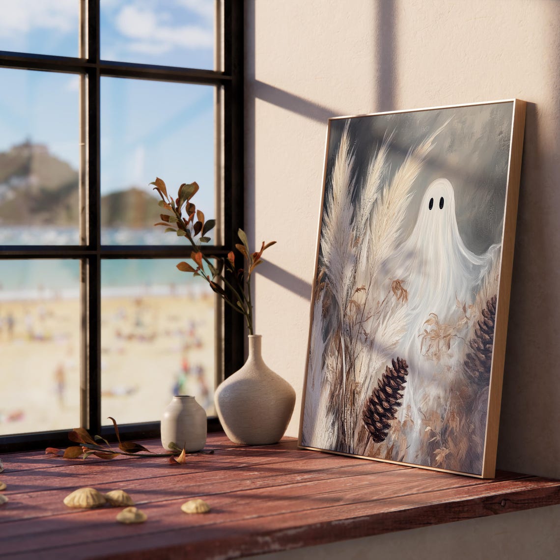 Moody White Ghost Among Pampas Grass and Pinecones Halloween Poster - Image 5