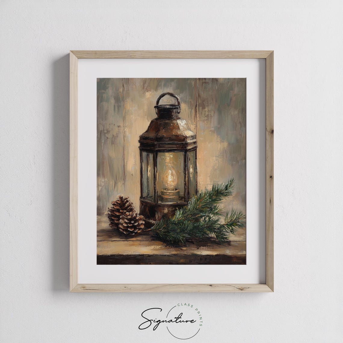 Glowing Rustic Lantern with Pinecones Winter Oil Painting Print - Image 2