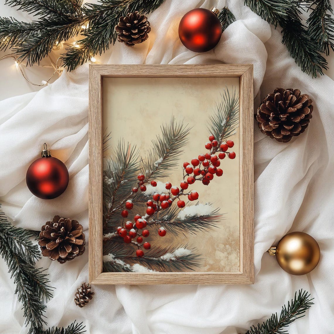 Red Winterberries on Snowy Branches Vintage Botanical Poster - Image 4