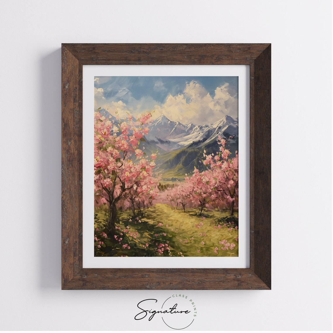 Pink Blossom Orchard Golden Meadow Spring Snowy Mountain Poster - Image 4