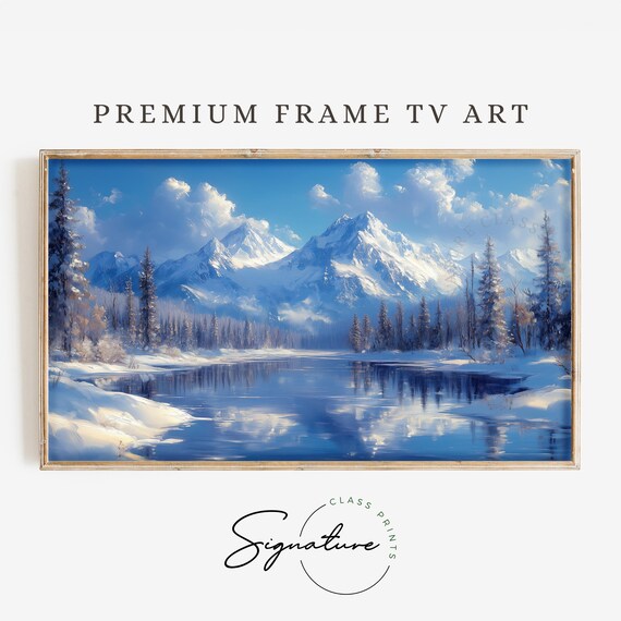 Snowy Lake And Mountains Tv Art Winter Landscape Frame Tv Art Moody Nature Scene Rustic Wall Art 3427