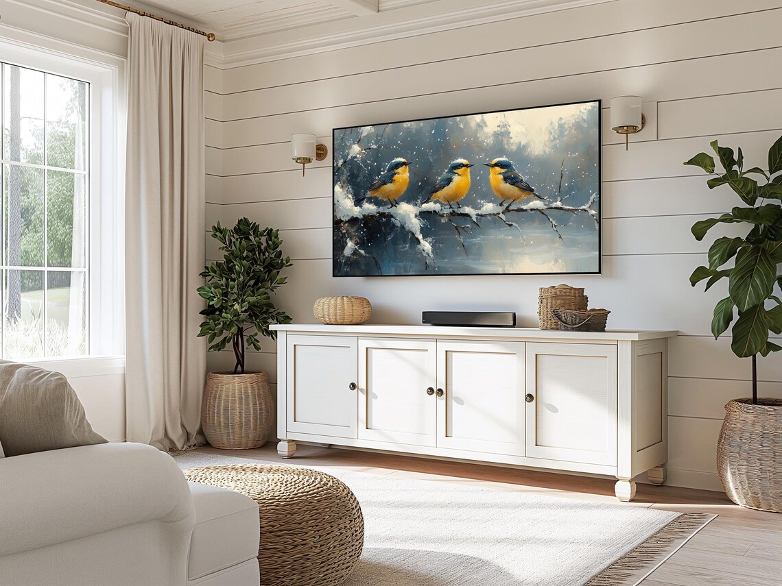 Goldcrest Trio On Snowy Branch In Falling Snow Dark Winter Art Poster - Image 3