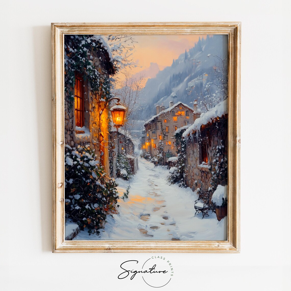 Snowy Village Lane At Dusk With Glowing Lamp Winter Scene Poster