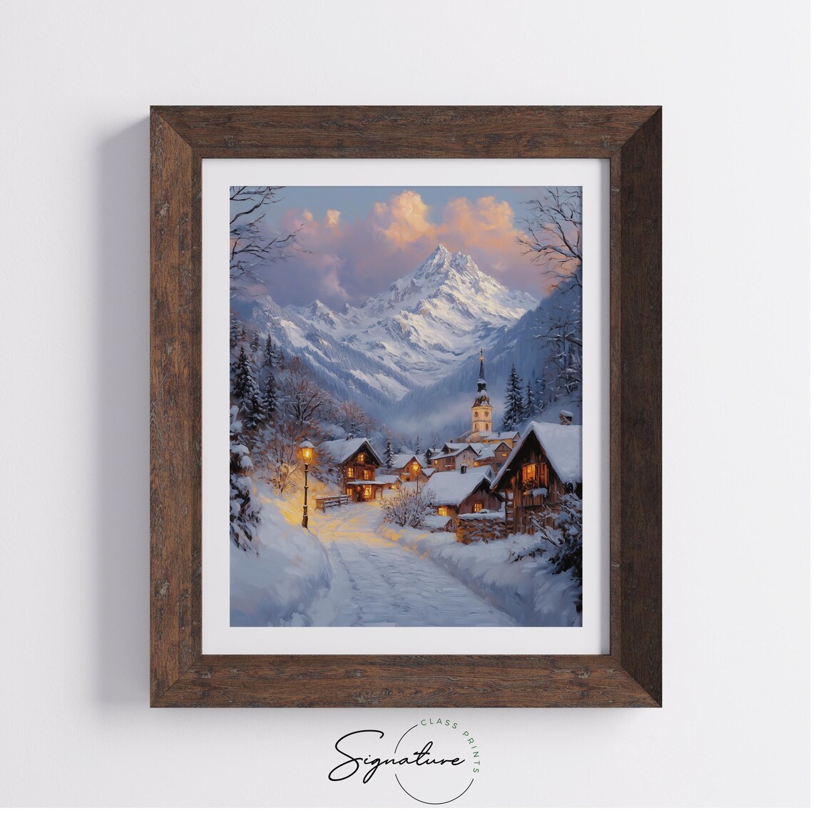 Snowy Alpine Village at Dusk with Church Spire Mountain Poster - Image 3