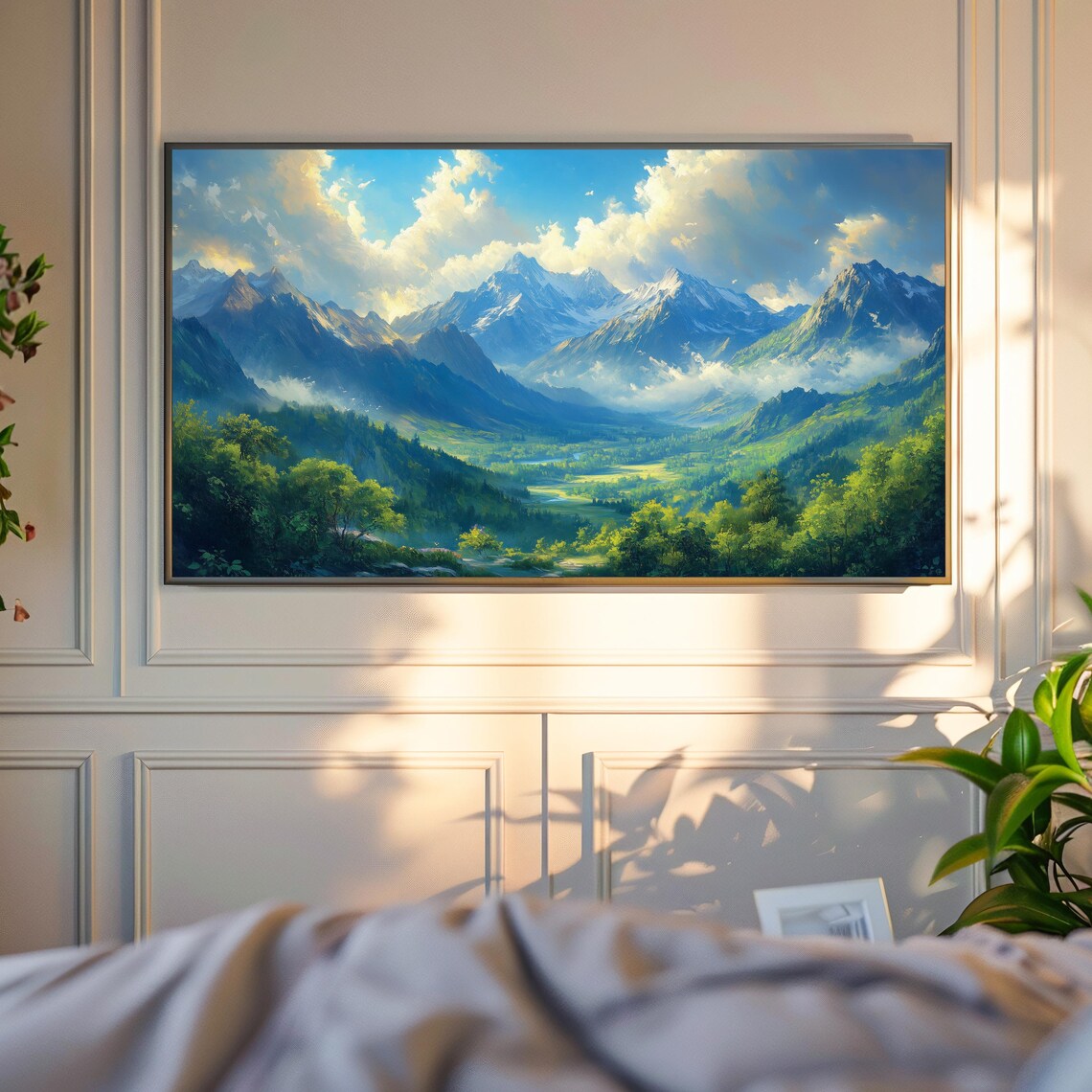 Majestic Mountain Peaks Over Lush Green Valley Frame TV Wall Art - Image 6