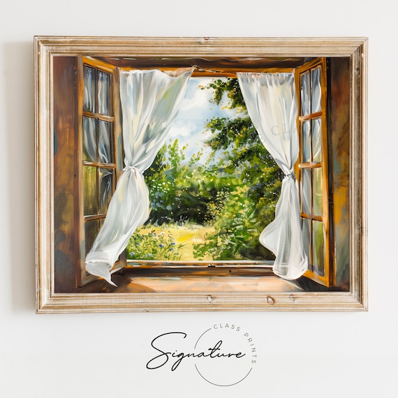Open Window Billowing Sheer Curtains Summer Garden View Poster