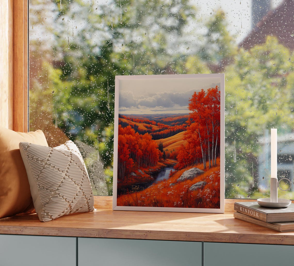Red Autumn Hills With River Valley Vibrant Fall Landscape Poster - Image 2