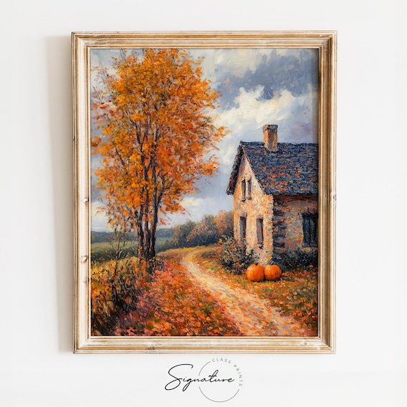 Old Stone Cottage With Two Pumpkins Beside a Leaf Covered Fall Lane Poster