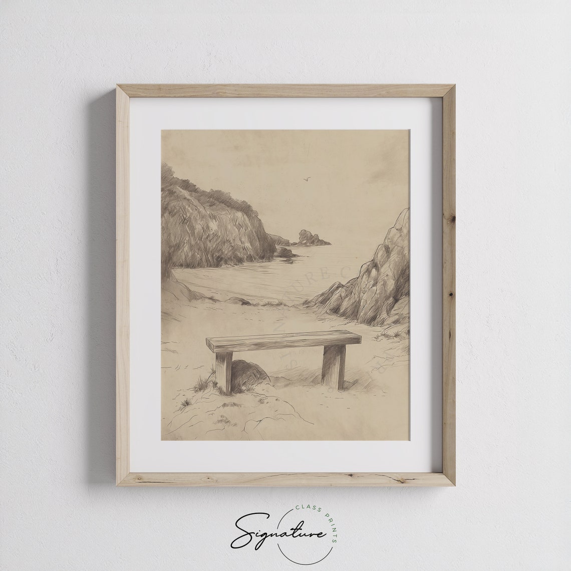 Solitary Bench Overlooking Secluded Cove Coastal Sketch Poster - Image 3