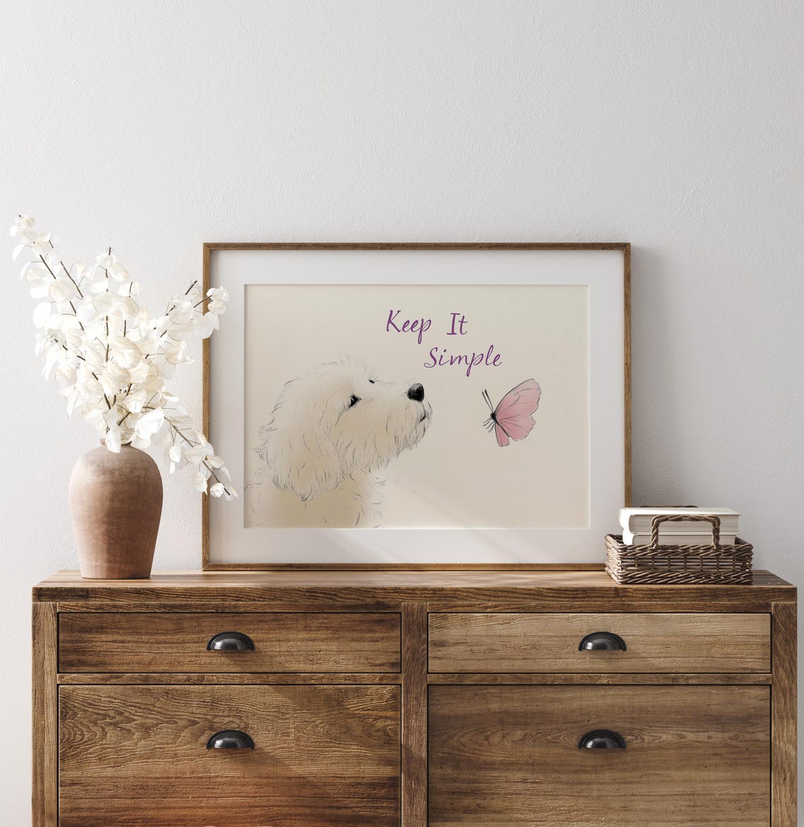 Keep It Simple Fluffy White Dog Pink Butterfly Calm Minimal Wall Art - Image 2