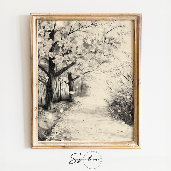 Cherry Blossom Path In Spring Monochrome Watercolor Art Poster