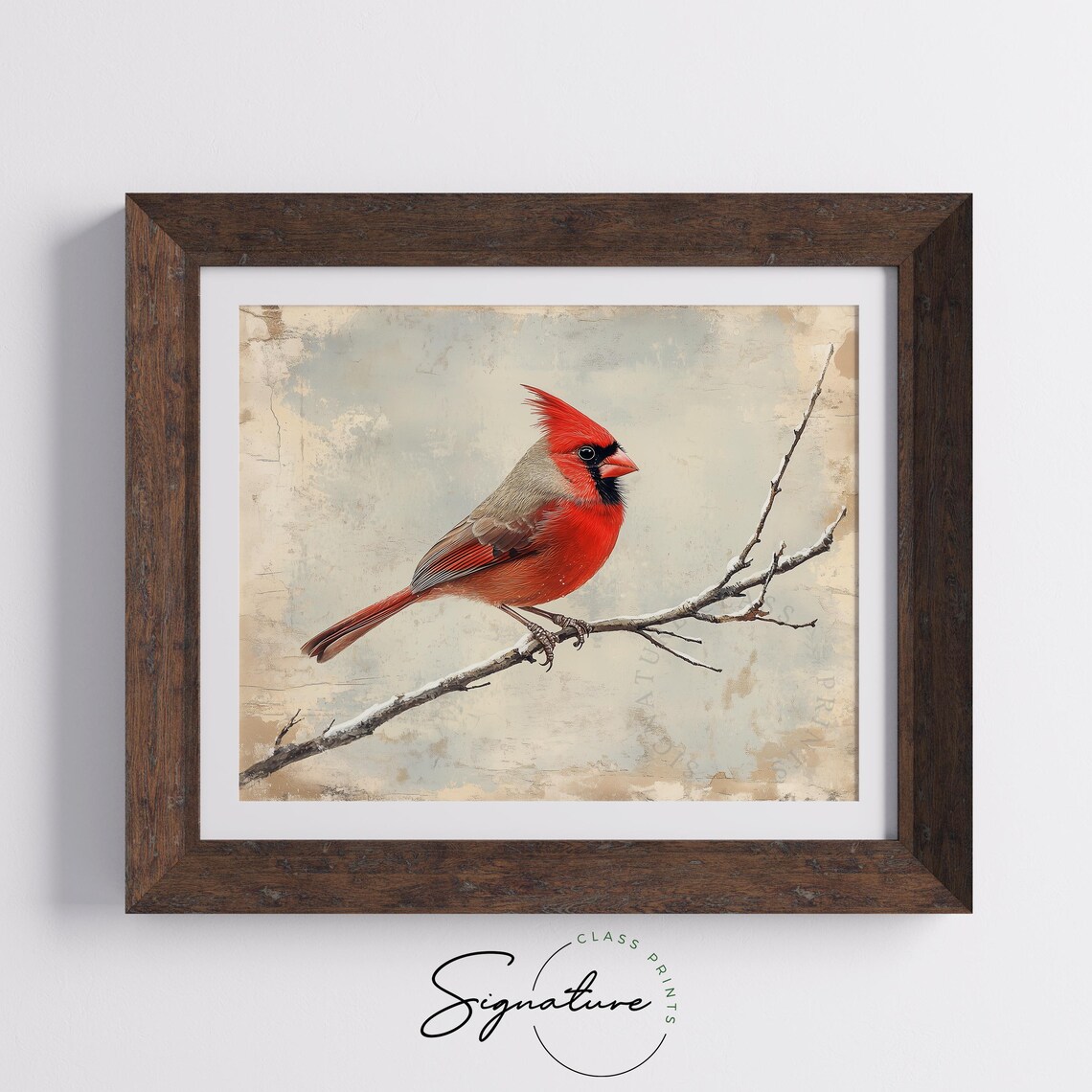 Vibrant Red Cardinal Perched On Frosted Winter Branch Vintage Poster - Image 5