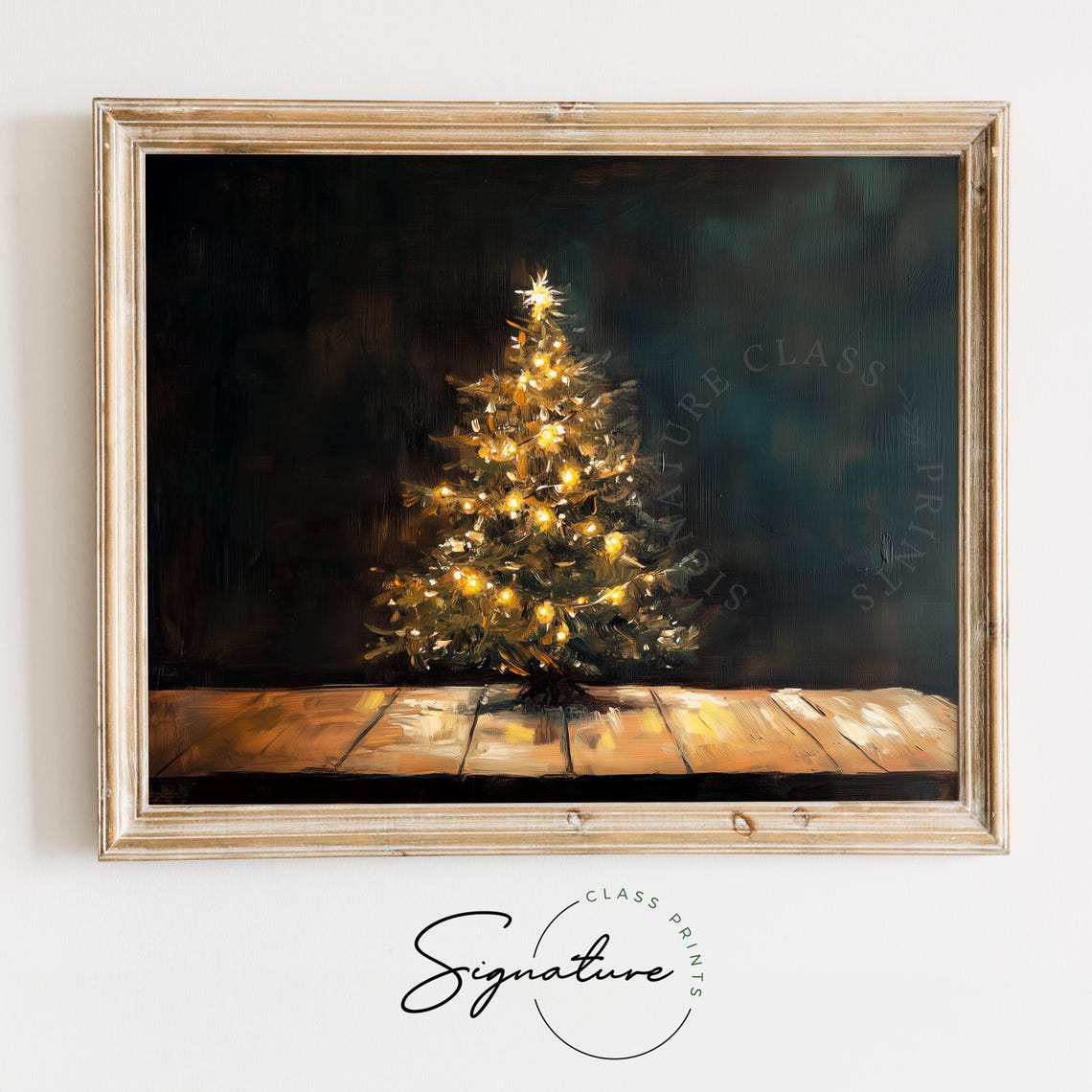 Small Glowing Christmas Tree With Star On A Wooden Table Poster