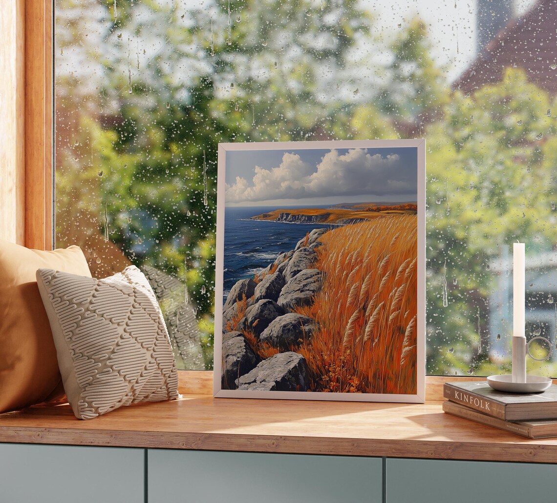 Golden Coastal Cliffs Rocky Ocean Shoreline Autumn Seascape Print - Image 2