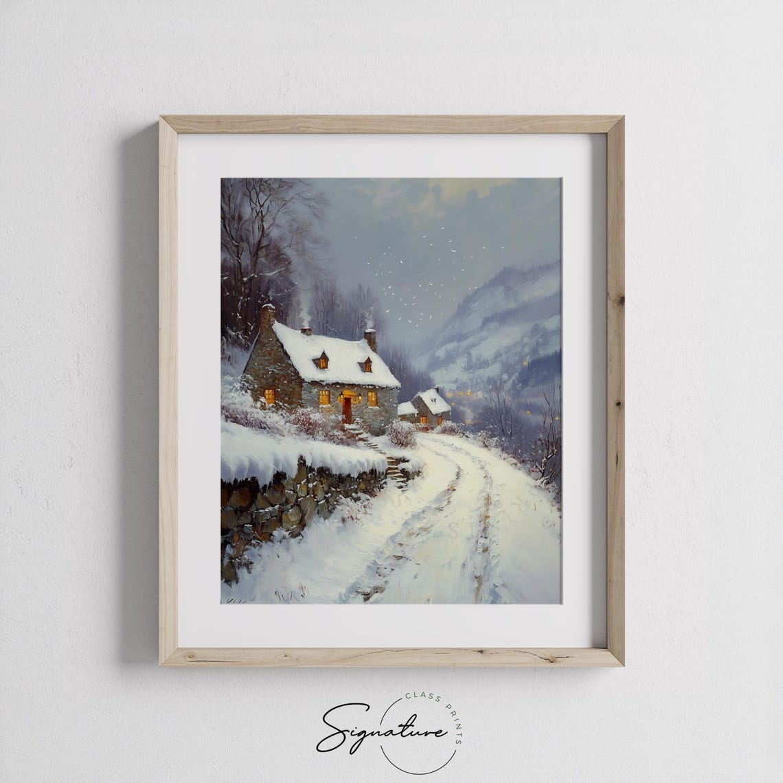 Stone Cottages on a Snowy Hillside Path at Winter Dusk Poster - Image 2