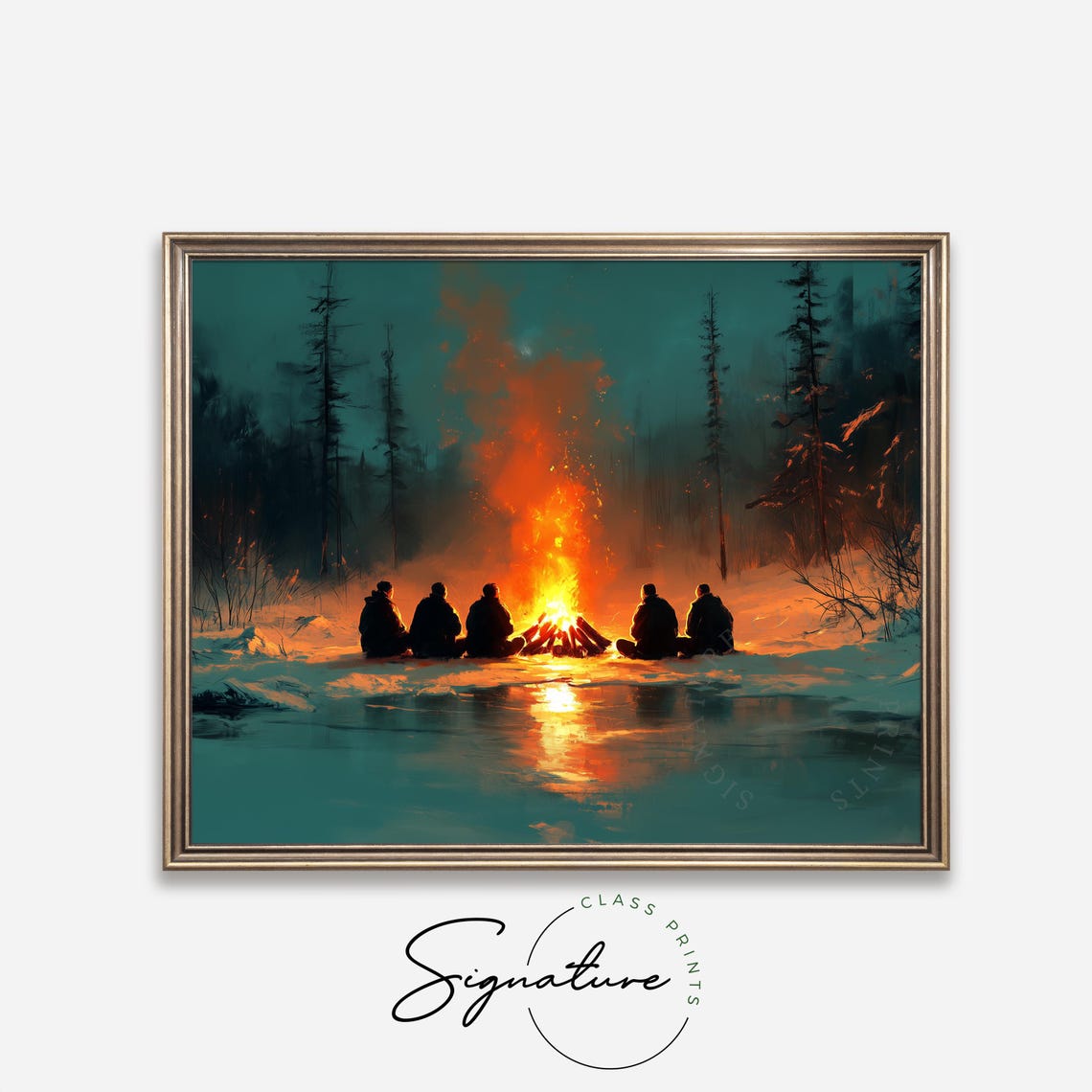 Friends Around Campfire At Night In Snowy Woods Winter Poster - Image 4