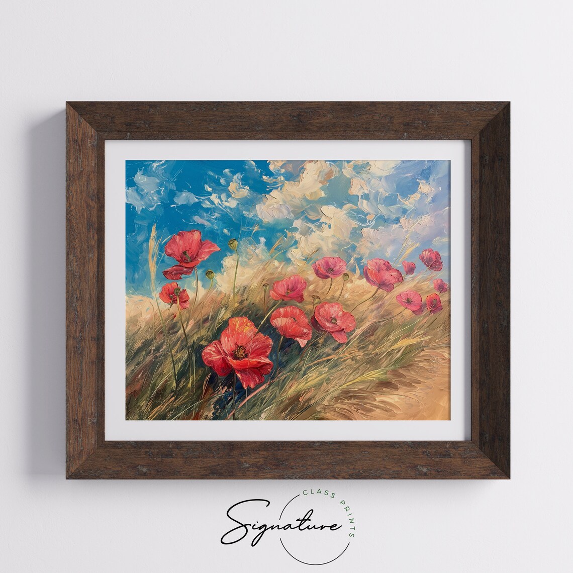 Red Poppies in Grass Bright Blue Sky Impressionist Oil Painting Poster - Image 5