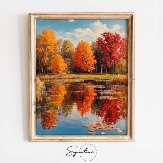 Autumn Lakeside Reflection Vintage Fall Trees Crisp Blue Sky Art Poster