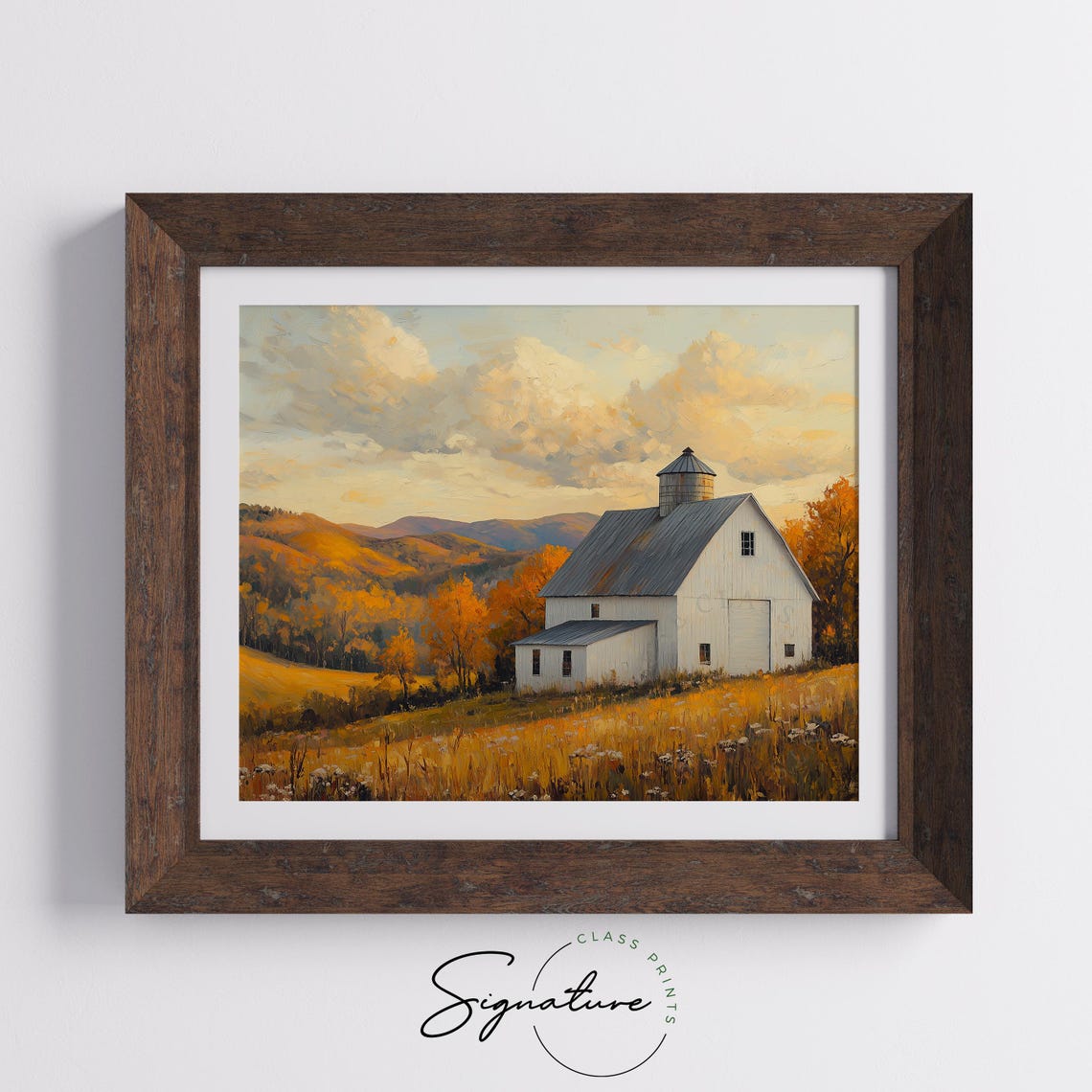 White Barn with Silo Over Golden Autumn Hills at Sunset Poster - Image 5