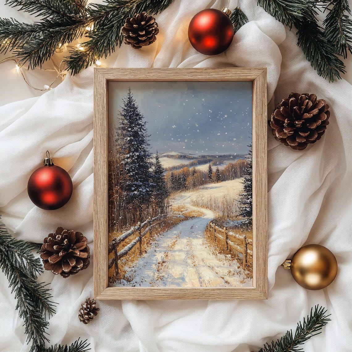 Snowy Fenced Path through Winter Evergreens with Falling Snow Poster - Image 4