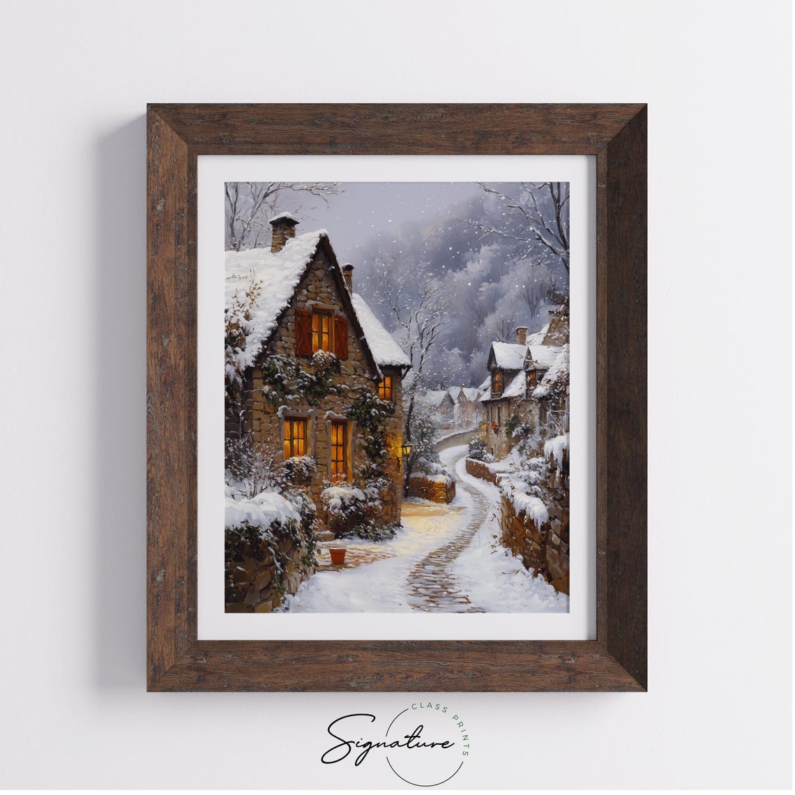 Ivy Covered Stone Cottage on Snowy Cobblestone Village Lane Poster - Image 3