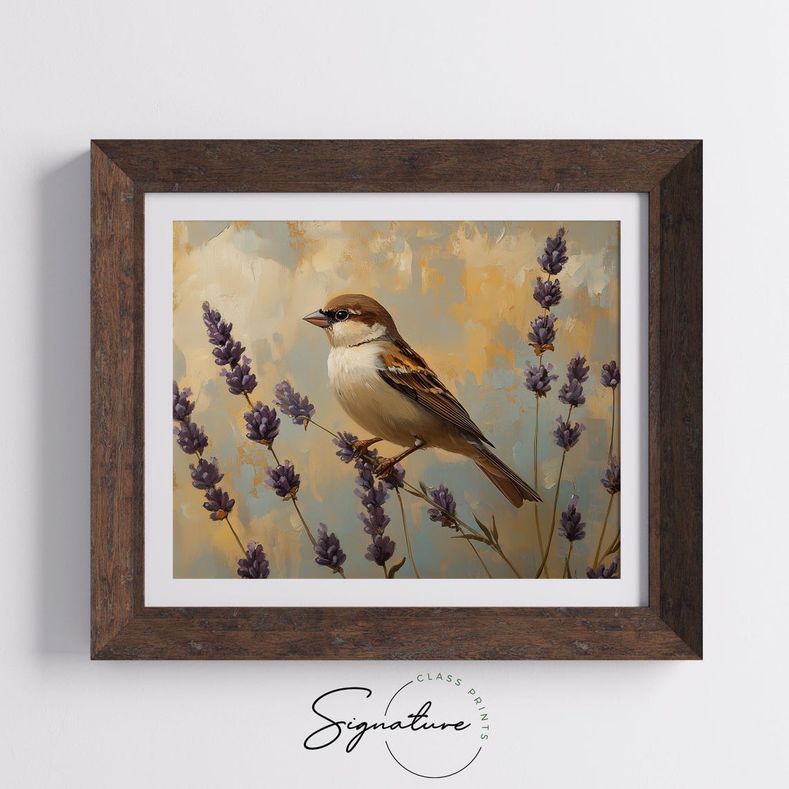 Tree Sparrow Among Lavender Stems Against Golden Backdrop Poster - Image 3