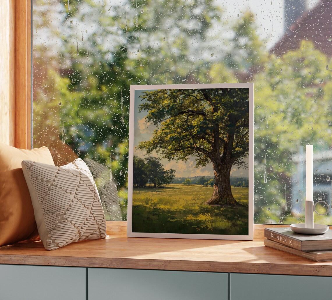 Majestic Oak Tree Sunlit Meadow Summer Shade Green Landscape Oil Poster - Image 2