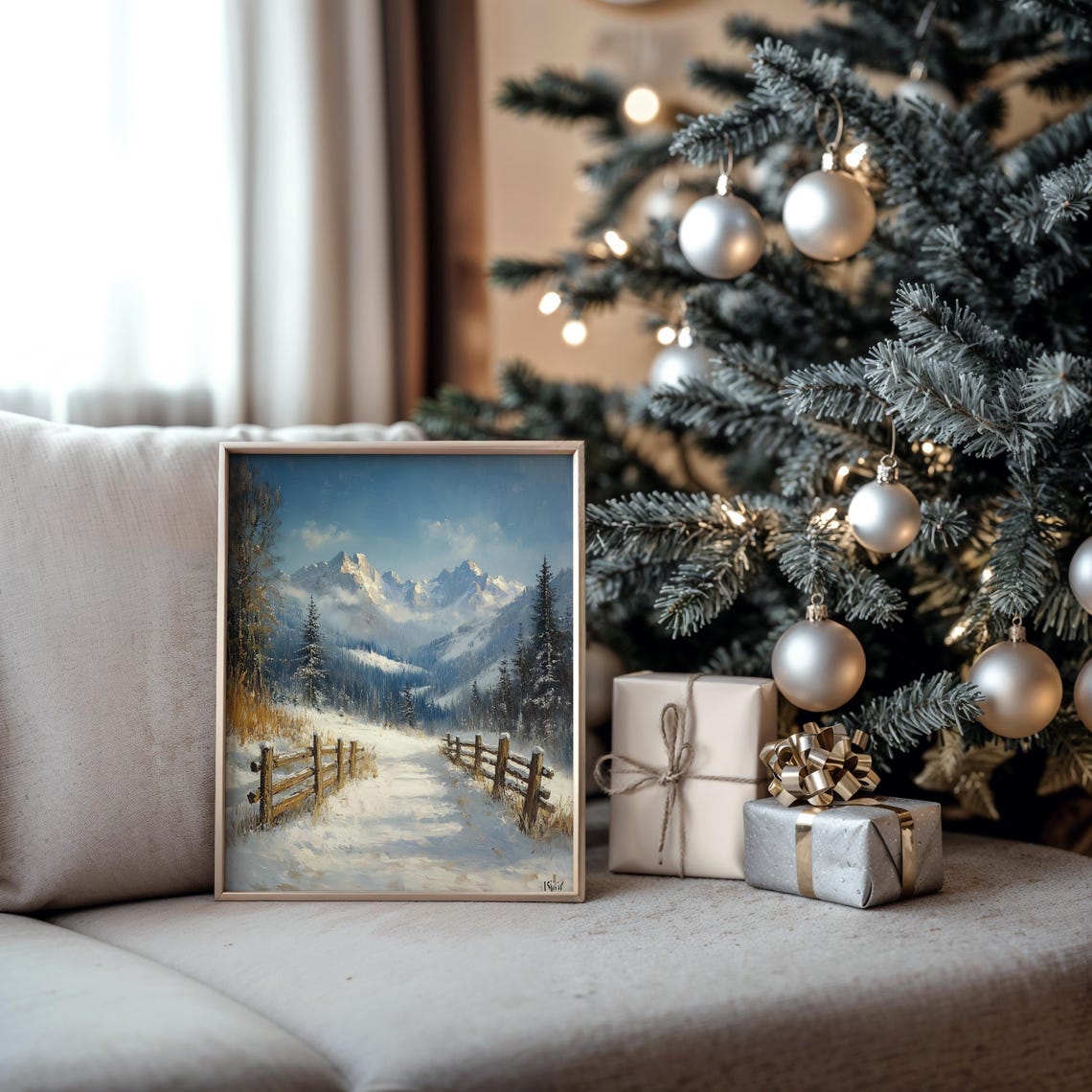 Serene Snowy Alpine Road Wooden Fences Mountain Landscape Poster - Image 5