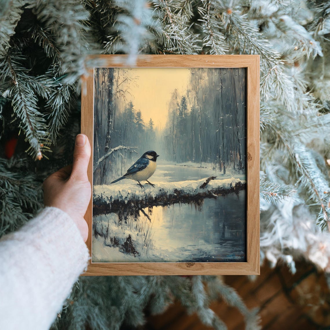 Blue Tit Perched on a Snow-Covered Log in a Misty Winter Forest Poster - Image 6