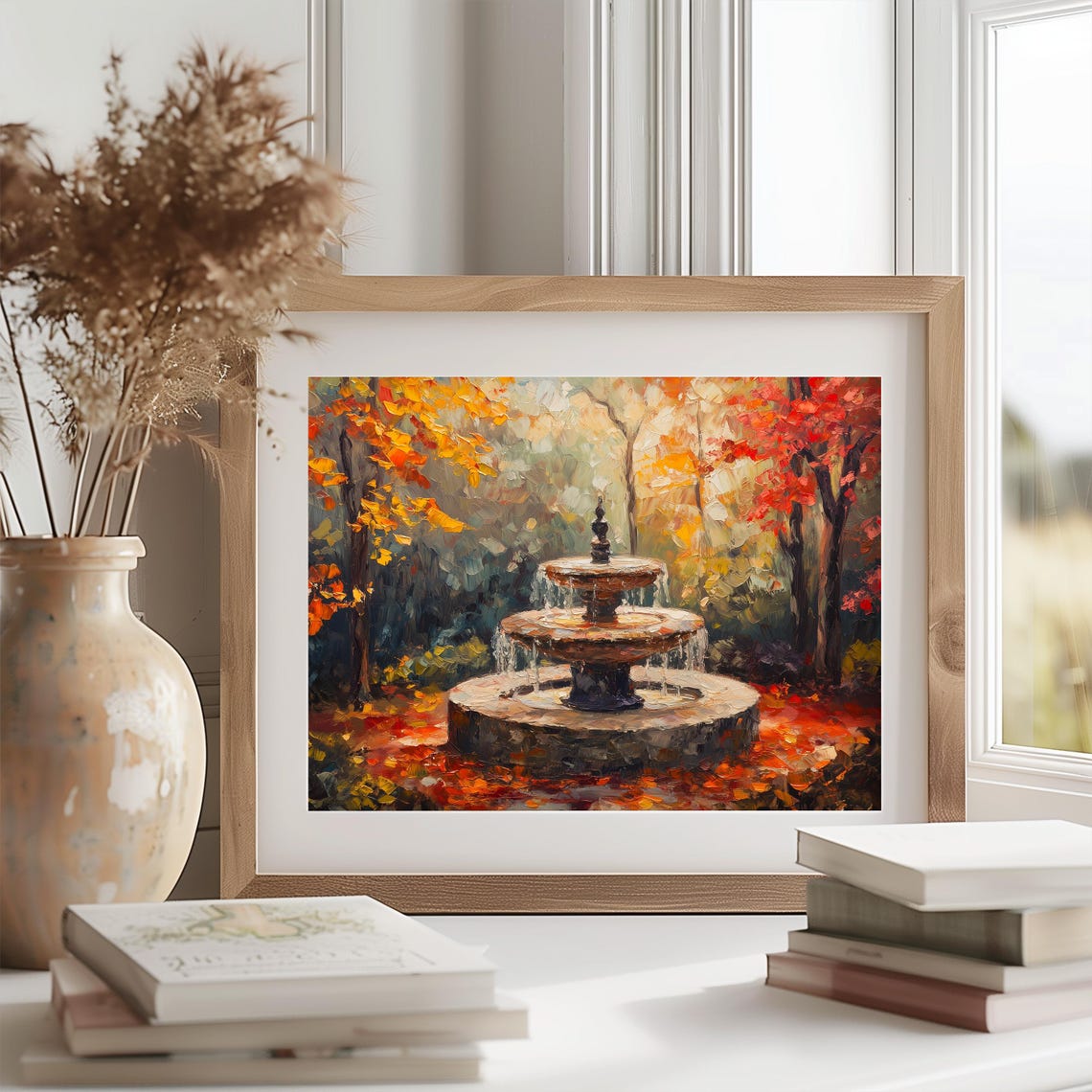 Autumn Garden Fountain Painting Fallen Leaves Rustic Fall Decor Poster - Image 2