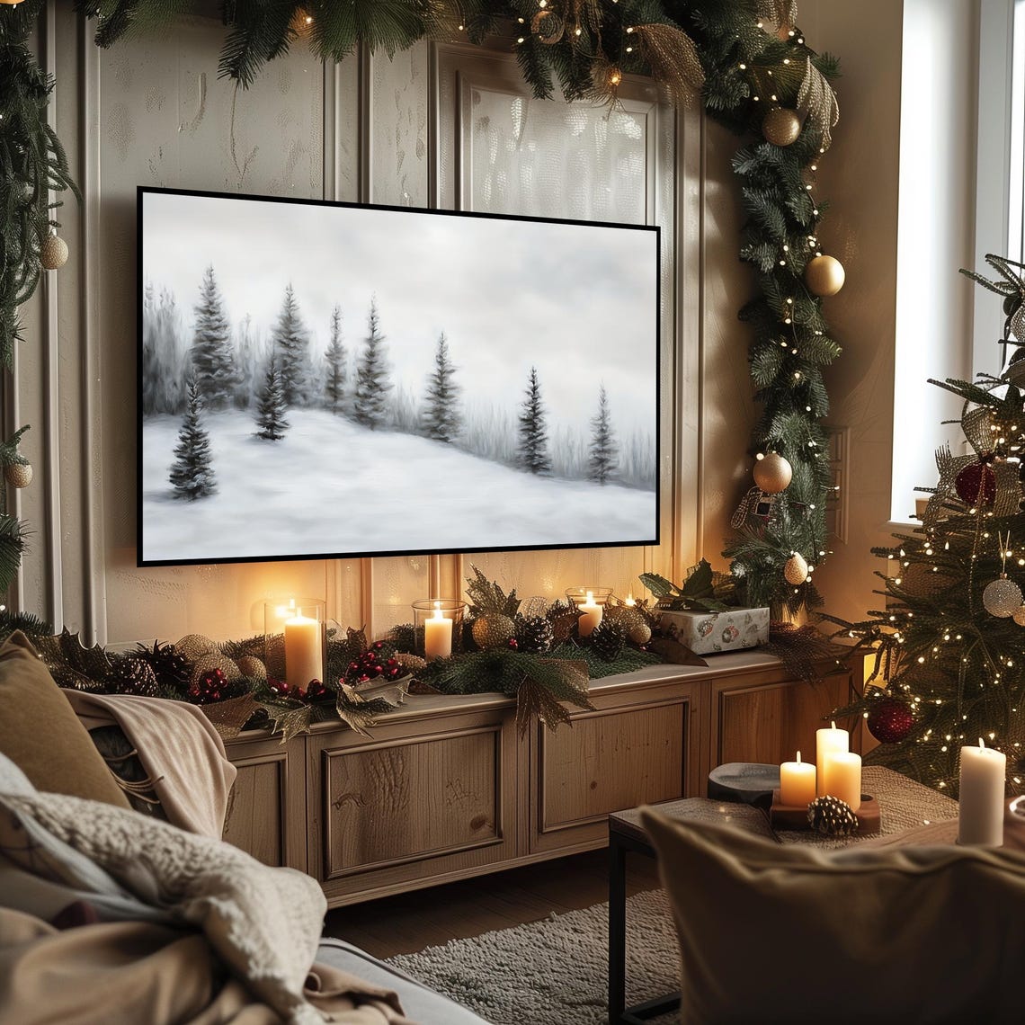Snow Dusted Evergreen Forest Misty Winter Landscape Art Poster - Image 3