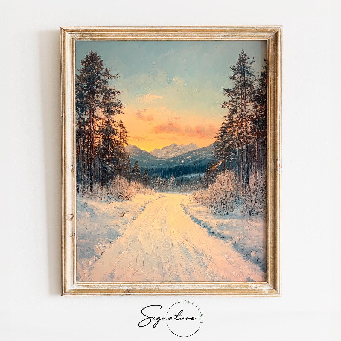 Snow Covered Road Through Pines at Sunset Winter Oil Painting Print