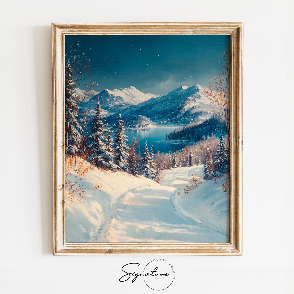 Snowy Mountains at Night over Blue Lake under Starry Winter Sky Poster