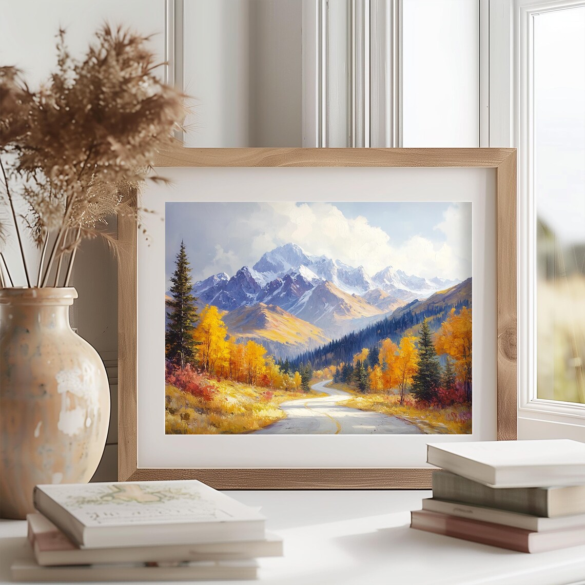 Country Road Golden Autumn Forest Snowy Peaks Oil Painting Poster - Image 2