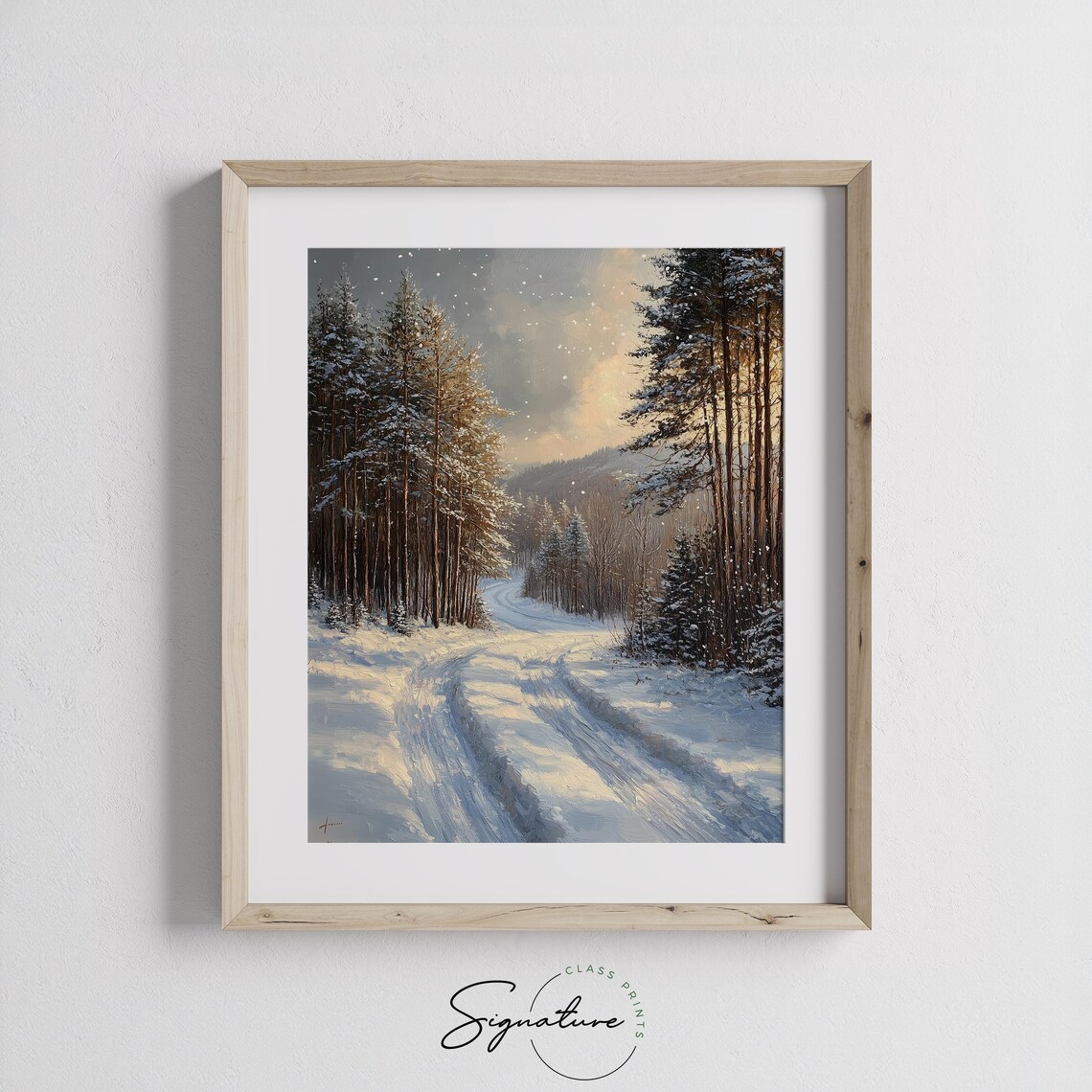 Snowy Forest Road at Dusk with Sleigh Tracks Winter Scene Poster - Image 2