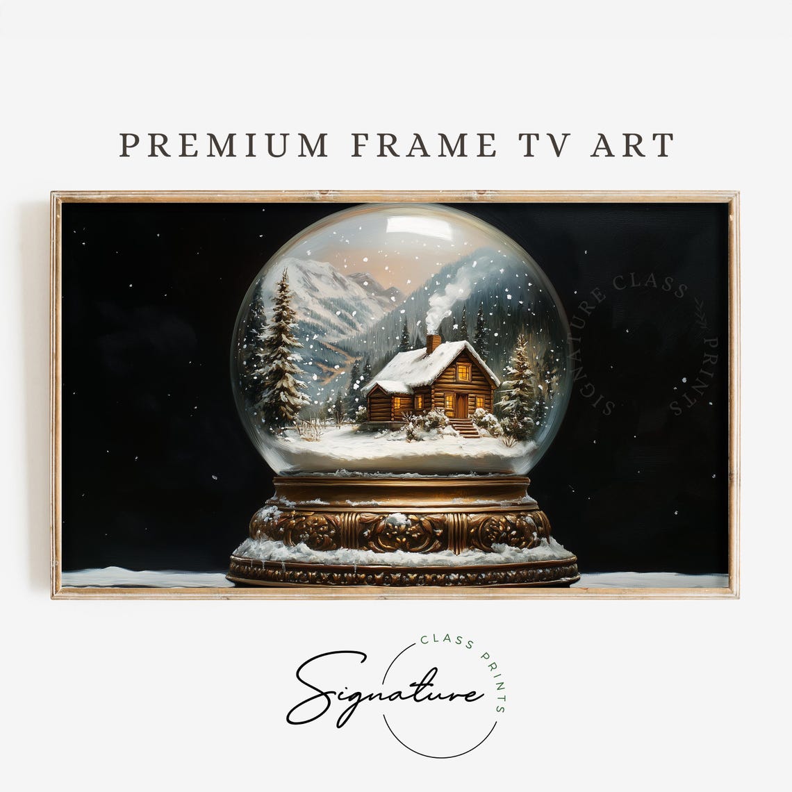 Snow Globe With Log Cabin Snowy Mountains Gold Base Still Life Poster