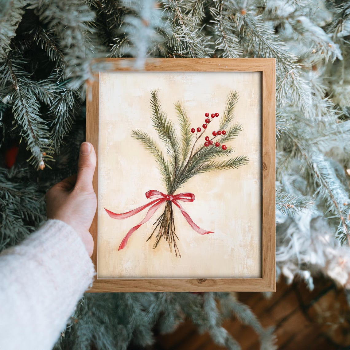 Pine Sprigs and Red Berries Hand Tied Bouquet with Red Ribbon Poster - Image 6
