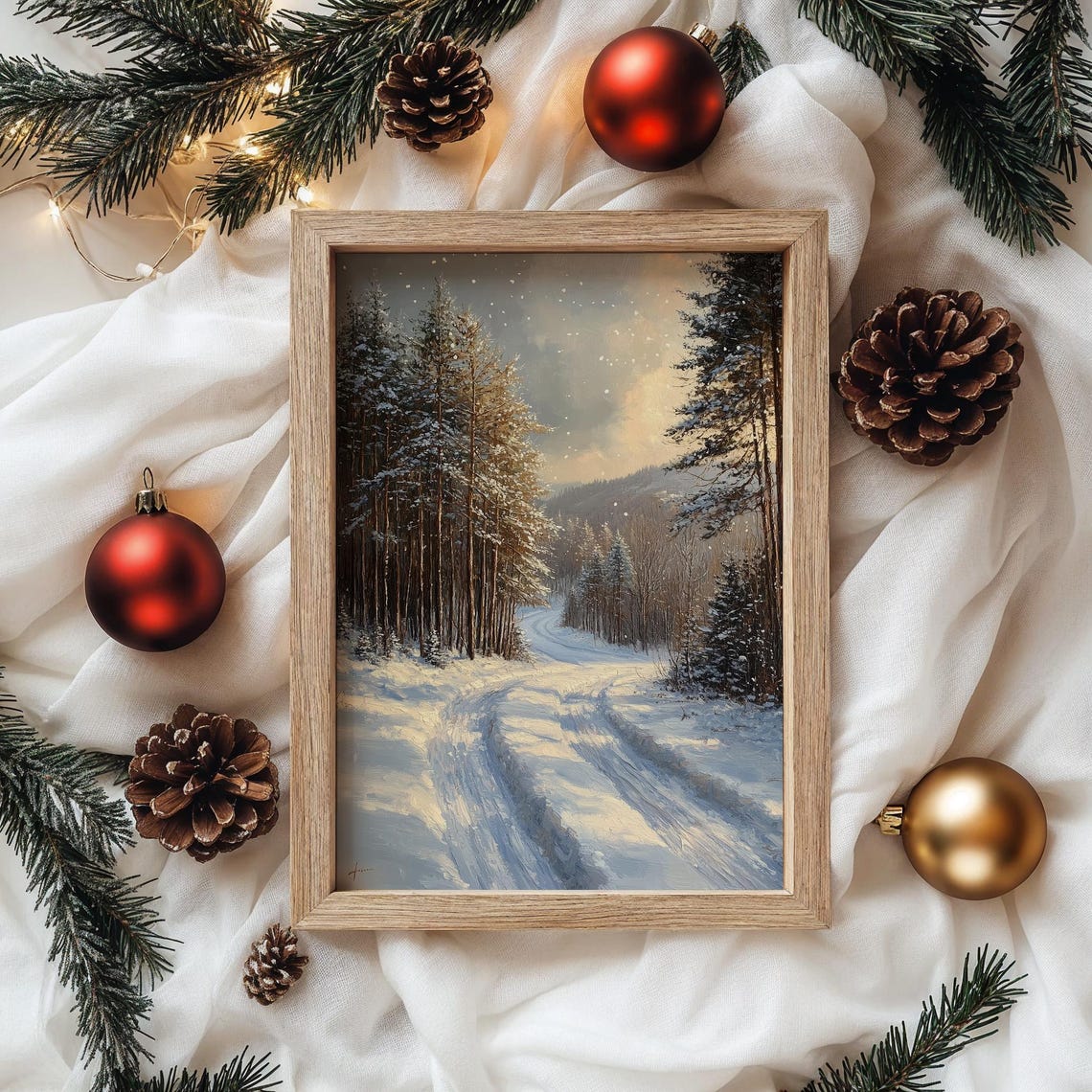 Snowy Forest Road at Dusk with Sleigh Tracks Winter Scene Poster - Image 4