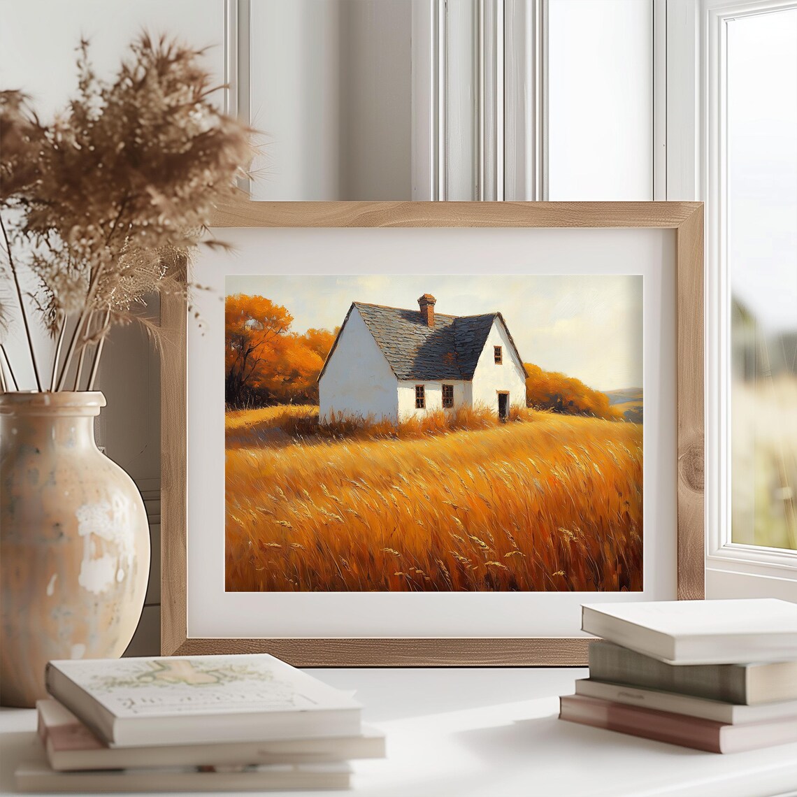 White Barn Golden Wheat Field Autumn Farm Rustic Fall Landscape Wall Art - Image 2