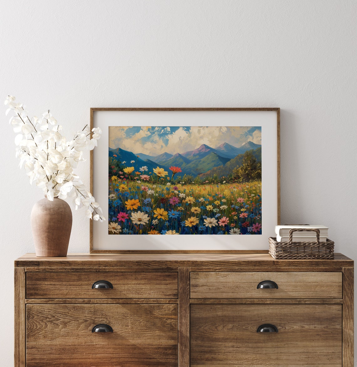 Daisy Meadow with Mountain Peaks Under Blue Sky Impressionist Poster - Image 3