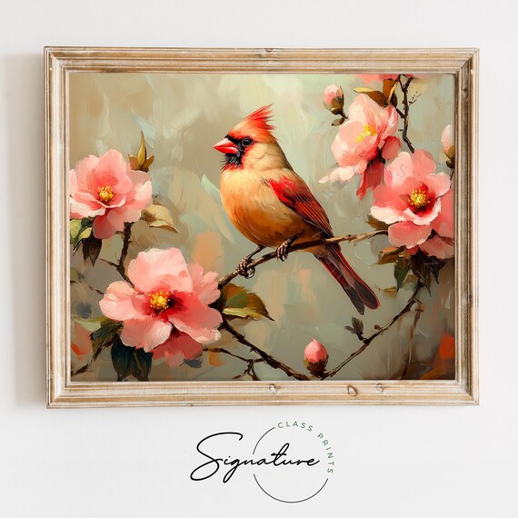 Cardinal With Warm Red Tones Among Pink Camellia Blooms Poster