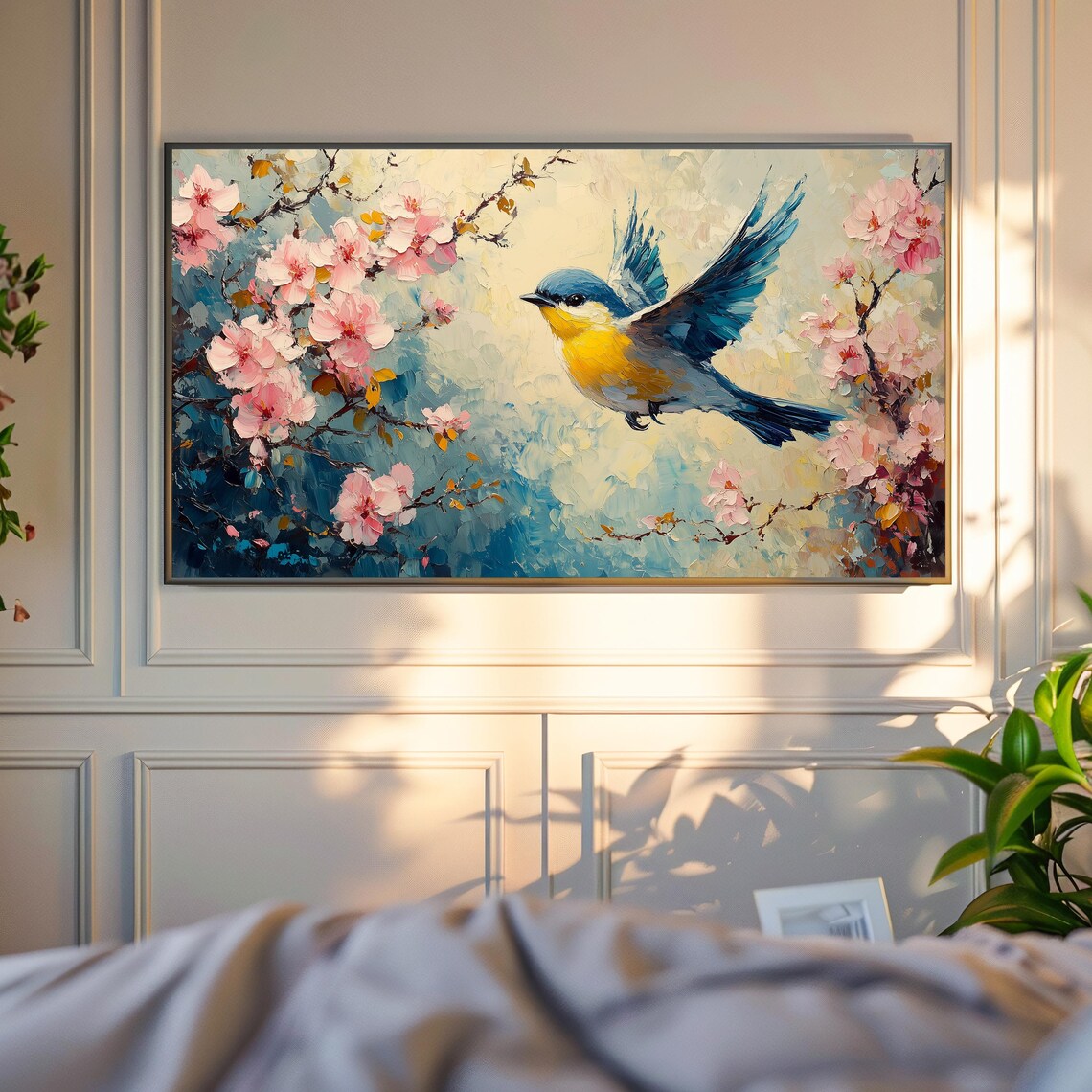 Finch Flying Pink Azalea Blossoms Spring Bird Wings Spread Vibrant Art Poster - Image 4