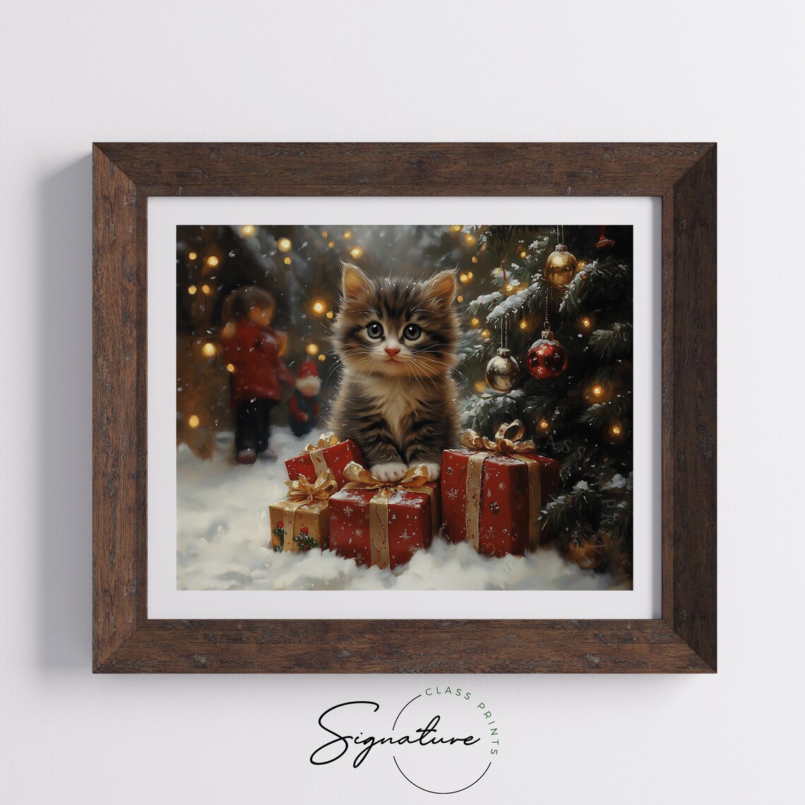 Tabby Kitten Among Red Christmas Gifts by Lit Tree at Night Poster - Image 5