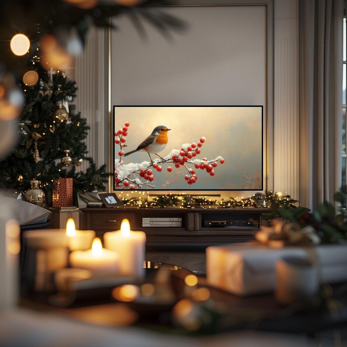 Robin on Snowy Red Berry Branch Close Up Winter Holiday Bird Poster - Image 6