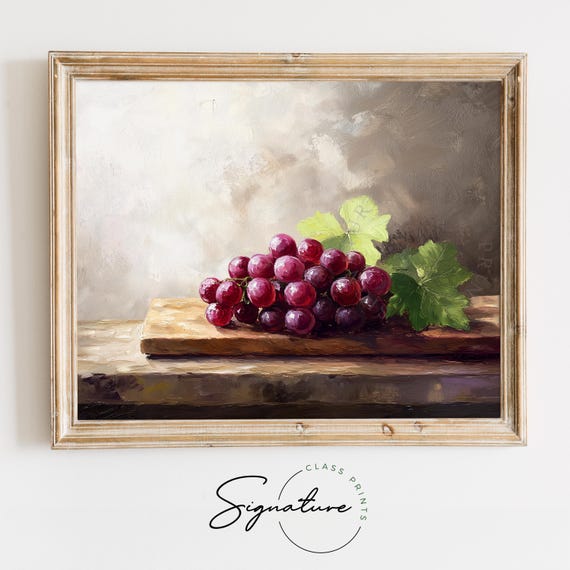 Rustic Grapes On Wooden Board With Knife Moody Farmhouse Christmas Wall Art Earthy Winter Kitchen Still Life Holiday 2725