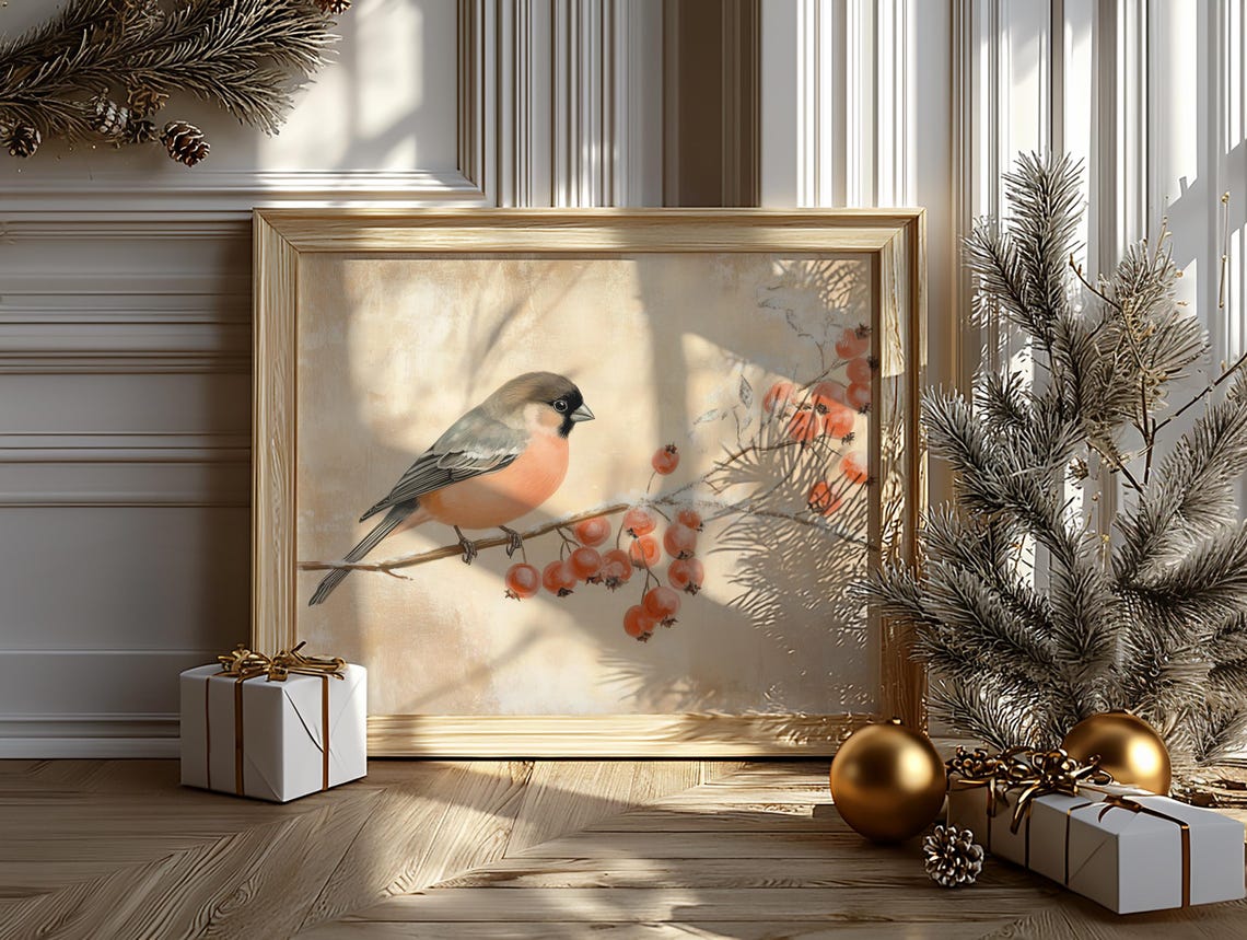 Coral Bullfinch On Frosty Rosehip Branch Vintage Bird Art Poster - Image 6