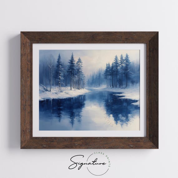 Frozen River In Snow Covered Forest Winter Wonderland Scene Moody Winter Landscape Rustic Holiday Cottage Decor Wall Art 2058